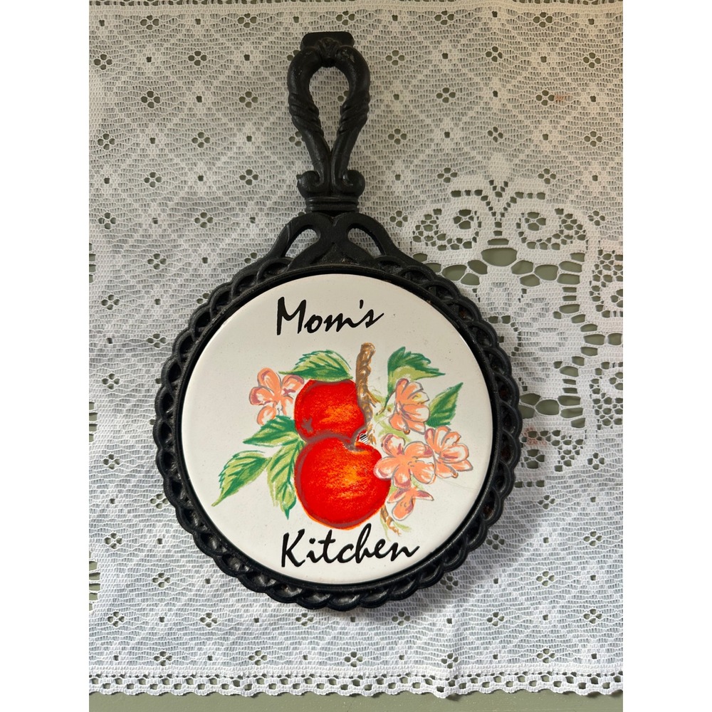 Vintage Mom's Kitchen Trivet | Cast Iron Frame Apple Tile | 1970 Country Kitchen